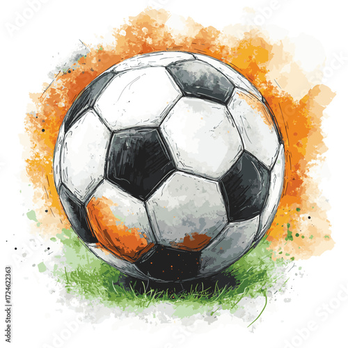 Soccer ball illustration combined pencil sketch and watercolor sketch. 3D illustration. 3D CG. High resolution. , vector style simple color