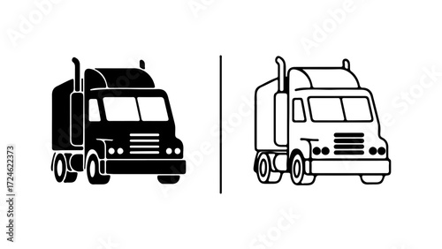Two semitruck illustrations one solid black and one outline representing transportation and logistics.