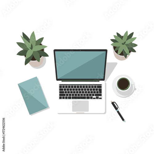 Top view of a minimalist workspace with a laptop, coffee, plants, notebook, and pen on a white desk.
