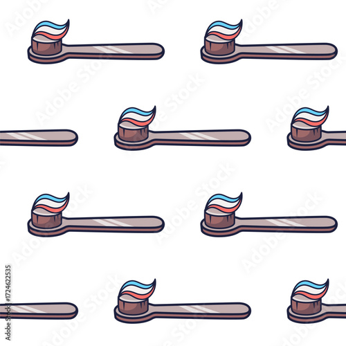 Cartoon bright toothbrush with toothpaste on it seamless pattern. Vector doodle illustration isolated on white. Oral hygiene concept. Dental cleaning tool texture