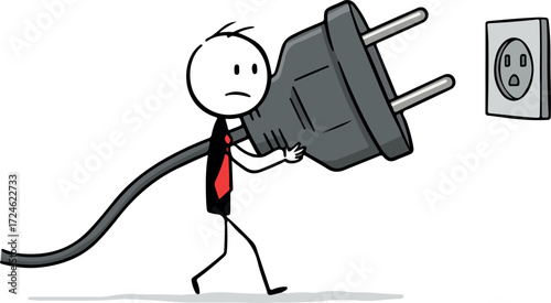 Stick figure struggles with large electrical plug near outlet.