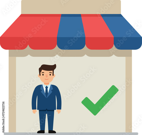 Successful business owner standing in front of his shop with a check mark.