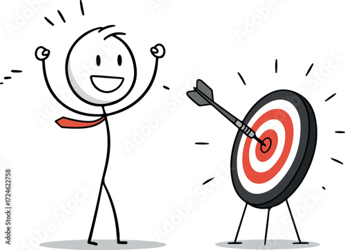 Success Achieved Stick Figure Celebrates Hitting Bullseye Target.