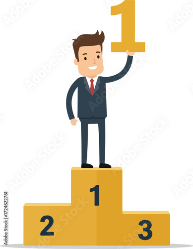 Successful businessman celebrates first place victory on podium holding number one.
