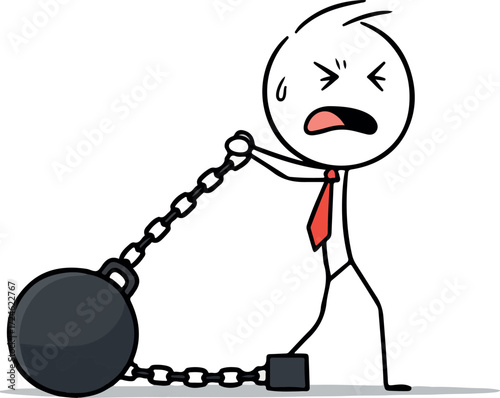 Struggling stick figure burdened by heavy ball and chain effort.
