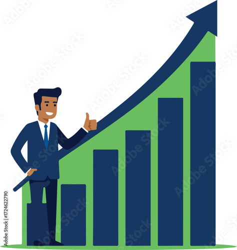 Successful businessman celebrates financial growth with upward trend chart.