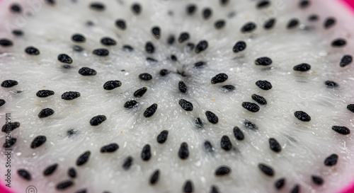 Macro shot showcasing the intricate details of a dragon fruit slice, emphasizing its white flesh speckled with numerous small, black seeds arranged in a radial pattern against the vibrant pink skin.