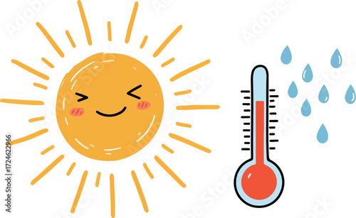 Sunny weather with high temperature and rain drops illustration.