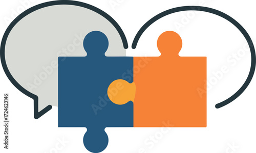 Teamwork and communication concept with puzzle pieces and speech bubbles.