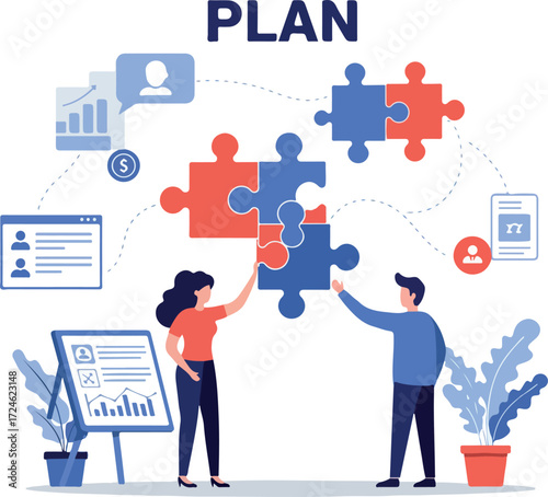 Teamwork and planning concept with people connecting puzzle pieces.
