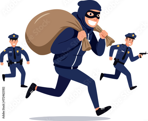 Thief running away from police officers with stolen bag.