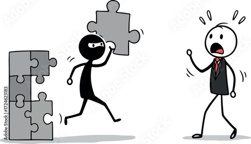Thief stealing puzzle piece from businessman concept of loss and theft.