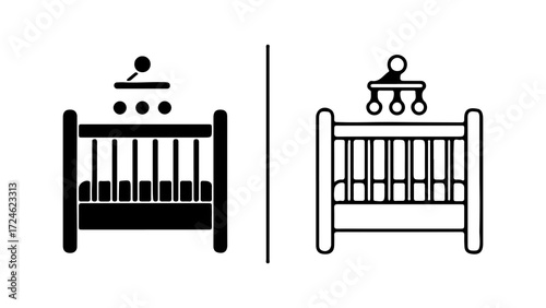 Two styles of baby crib icons one solid black and one outline.
