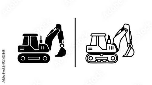 Two styles of excavator icons one solid black and one line art.