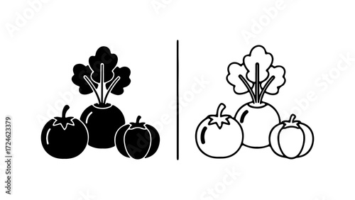 Two styles of vegetable icons showing tomatoes and beets.