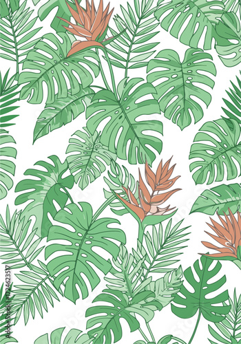 Tropical foliage pattern featuring lush green leaves and vibrant flowers.