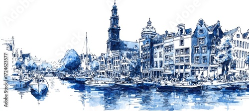 Canal scene in blue tones, depicting old European architecture and watercraft