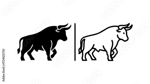 Two stylized bull illustrations one solid black and one outlined facing right.