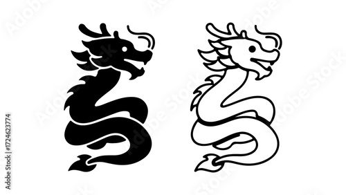 Two stylized Chinese dragon illustrations one black and one white.
