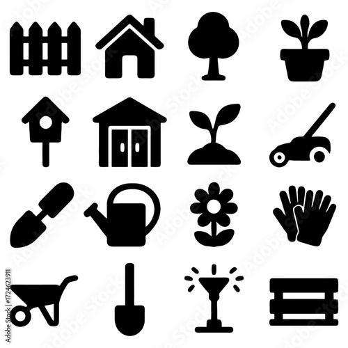 Garden Icon Set: A collection of illustrated garden icons in a minimalist black silhouette style, perfect for web design, gardening app graphics, or any project needing simple, clean symbols.