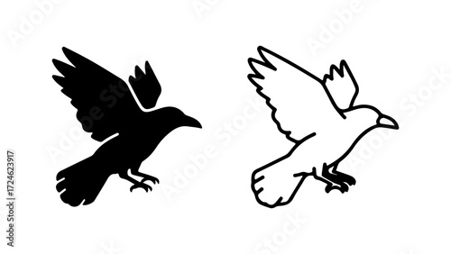 Two stylized crow silhouettes one black solid one white outline in flight showcasing contrasting design approaches.