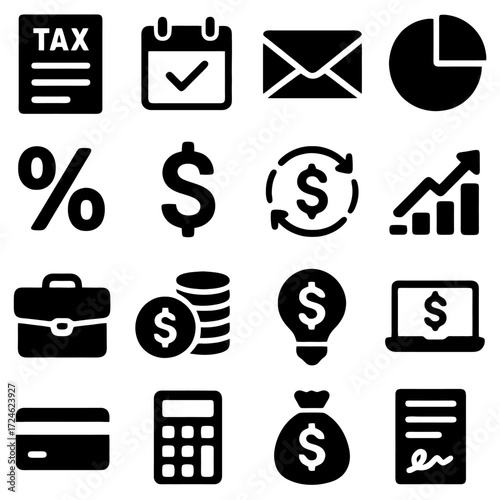 Financial Icons: A comprehensive collection of precisely rendered icons representing essential aspects of finance and business