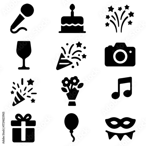 Celebration Icons: A collection of black icons that represent party elements for invitations or cards. 