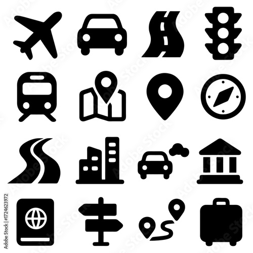 Navigational Symbols in Monochrome: A collection of iconic monochrome symbols, representing various modes of transportation and essential wayfinding elements.