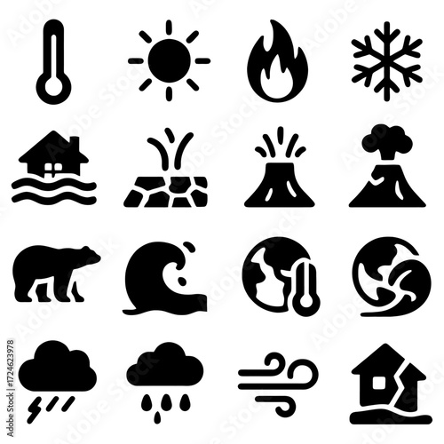 Earth's Harsh Reality: A collection of stark black icons vividly illustrates the devastating effects of global warming and natural disasters, conveying a poignant message about the planet's fragility.