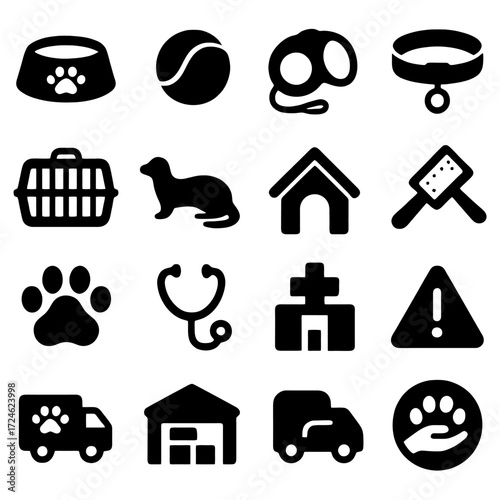 Pet Care Icons: A collection of stylized icons representing various aspects of pet care and well-being, perfect for use in pet-related websites, apps, or informational materials. 