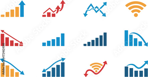 Various colorful business and financial growth charts and graphs icons.