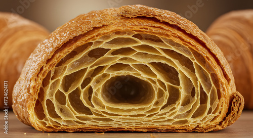A dramatically lit and detailed cross-section of a golden-brown, flaky croissant, exposing its intricate, honeycomb-like interior structure with layers upon layers of buttery goodness, evoking a