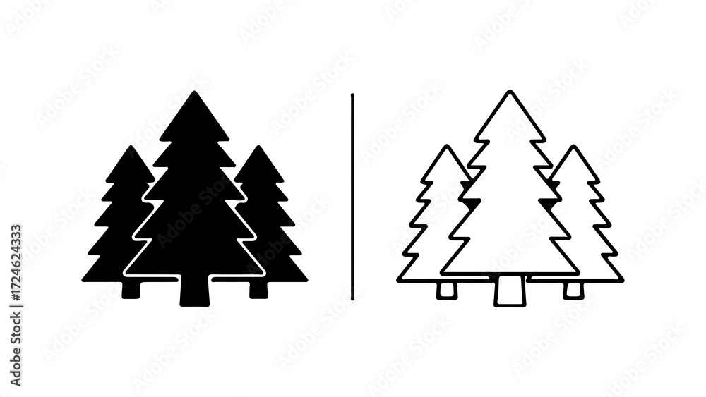 Fototapeta premium Two stylized evergreen trees in silhouette and outline.