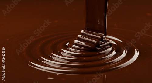 A stream of rich, molten chocolate cascades, creating concentric circles of smooth, decadent delight, inviting indulgence and promising a sensory experience of sweetness and pure pleasure.