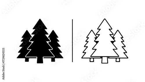 Two stylized evergreen trees in silhouette and outline.