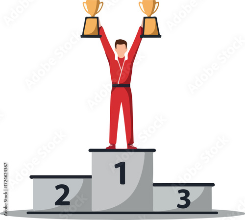 Victorious racer celebrates triumph on podium holding trophies high in the air.