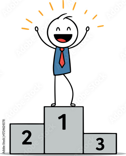 Victorious stick figure celebrates first place on podium with joy and pride.