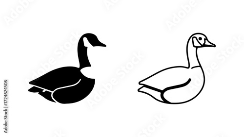 Two stylized goose silhouettes one black filled one line art side view detailed illustration.
