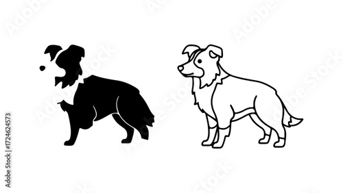 Two stylized illustrations of a border collie dog one black silhouette and one line drawing.