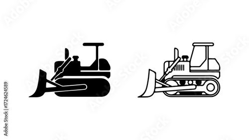 Two stylized illustrations of a bulldozer machine.