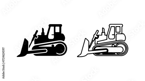 Two stylized illustrations of a bulldozer a solid black and a line drawing.
