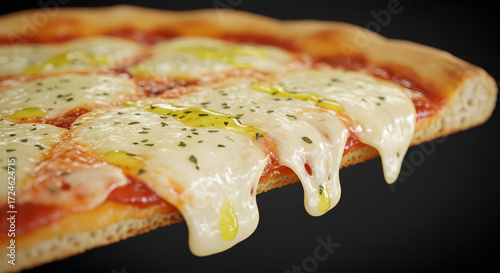 A close-up image showcases a mouthwatering slice of Margherita pizza, its melted mozzarella cheese cascading down, glistening with olive oil, and adorned with fresh basil, set against a dark