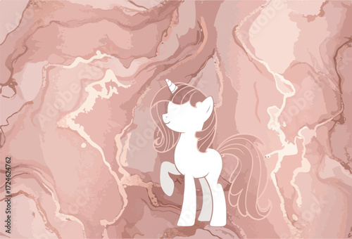 White unicorn with brown hair and horn standing gracefully.
