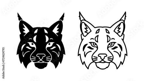 Two stylized lynx head illustrations one black and white outline 1.