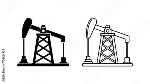 Two stylized oil pump jack icons one solid black and one outline.