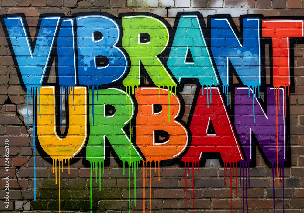 © Juli - Graffiti art spelling out 'VIBRANT URBAN' in colorful, dripping letters on a brick wall.