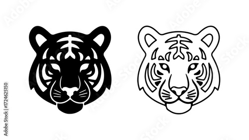 Two Stylized Tiger Head Illustrations Black and White.