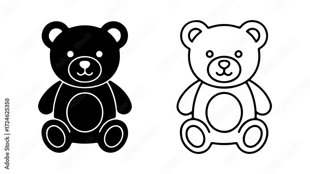 Fototapeta premium Two teddy bear icons one solid black and one outline representing childhood and comfort.