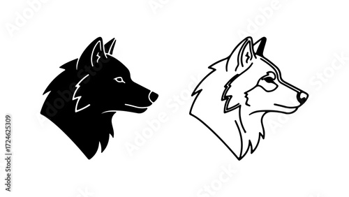 Two stylized wolf heads one black silhouette and one line art.