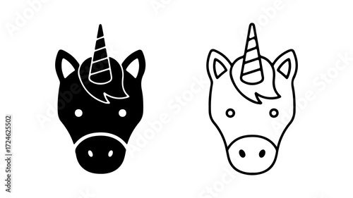 Two unicorn head icons one black silhouette and one outline drawing.